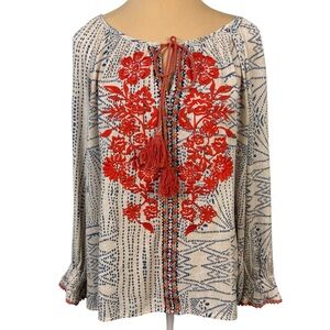 THML Boho Embroidered Tassel Tie Blouse Red Cream Long Sleeve Size Large EUC
